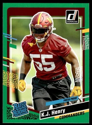 K.J. Henry 2023 Donruss #400 Press Proof Green RC Commanders Football Card - Image 1 of 2