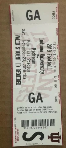 2019 Michigan Wolverines vs Indiana Hoosiers Football Student Ticket Stub Cover