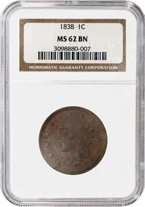 1838 1C Coronet Young Matron Head Large Cent NGC MS62 BN Brown Uncirculated Coin - Picture 1 of 4