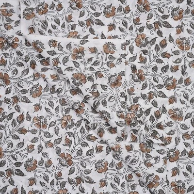 Cotton Fabric Sanganeri Indian 1 Yard Hand Block Print Pure Running Beige Floral - Image 1 of 4