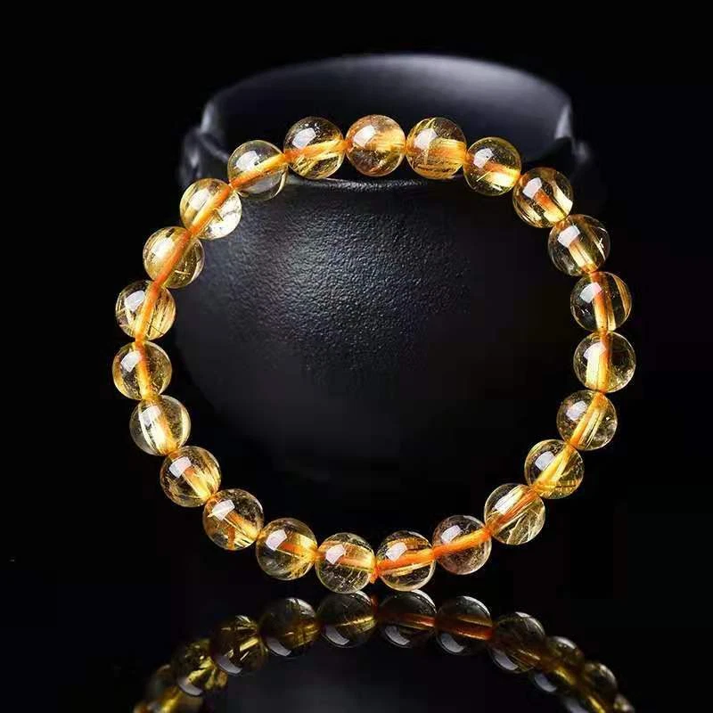 8mm Natural Gold Rutilated Quartz Crystal Round Beads Bracelet AAAAA - Image 1 of 4