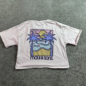 Maui & Sons X Zara Shirt Girls 11/12 Pink Blue Cropped Short Sleeve Surfing FLAW - Picture 1 of 10