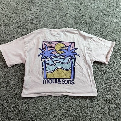 Maui & Sons X Zara Shirt Girls 11/12 Pink Blue Cropped Short Sleeve Surfing FLAW - Image 1 of 4