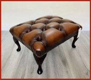 Chesterfield Queen Anne Buttoned Brown Genuine Leather Footstool - Picture 1 of 7