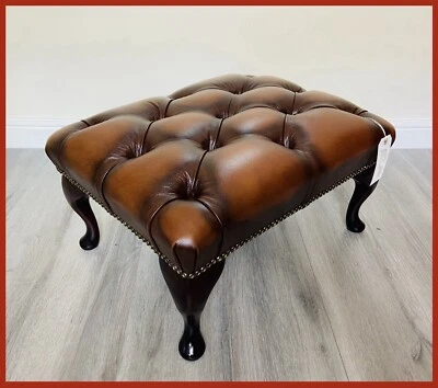 Chesterfield Queen Anne Buttoned Brown Genuine Leather Footstool - Image 1 of 4