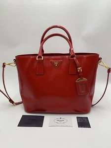 Prada Saffiano Vernice Rosso Red Leather Tote Bag Auth Preloved Patent Purse - Picture 1 of 23