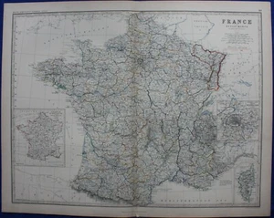 FRANCIA, PARÍS, CORSICA, gran mapa antiguo original, Johnston, 1871 - Imagen 1 de 6