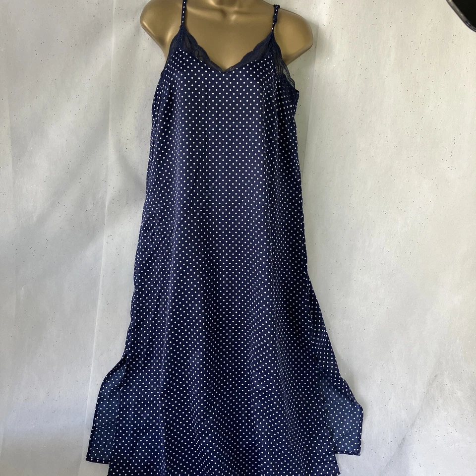 Long Blue White Polka Dot Silky Polyester Strappy Nightie 10-12 - Image 1 of 4