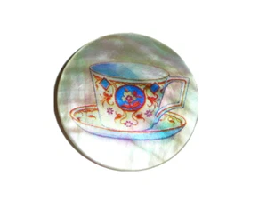 Afternoon Tea Cup on Mother of Pearl MOP Shank Button -  1-3/8" Coffee Cup - Picture 1 of 3