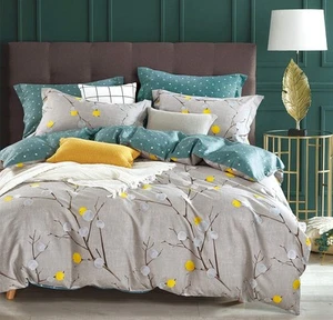 Comforter King Size, 600 Thread Count Cotton Grey Branch with Yellow Turquois... - Picture 1 of 9