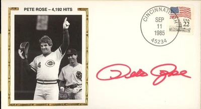 Pete Rose Cincinnati Reds Firmado 1985 4192 Hits Primer Día Cubierta FDC AUTO Foto 1 de 2