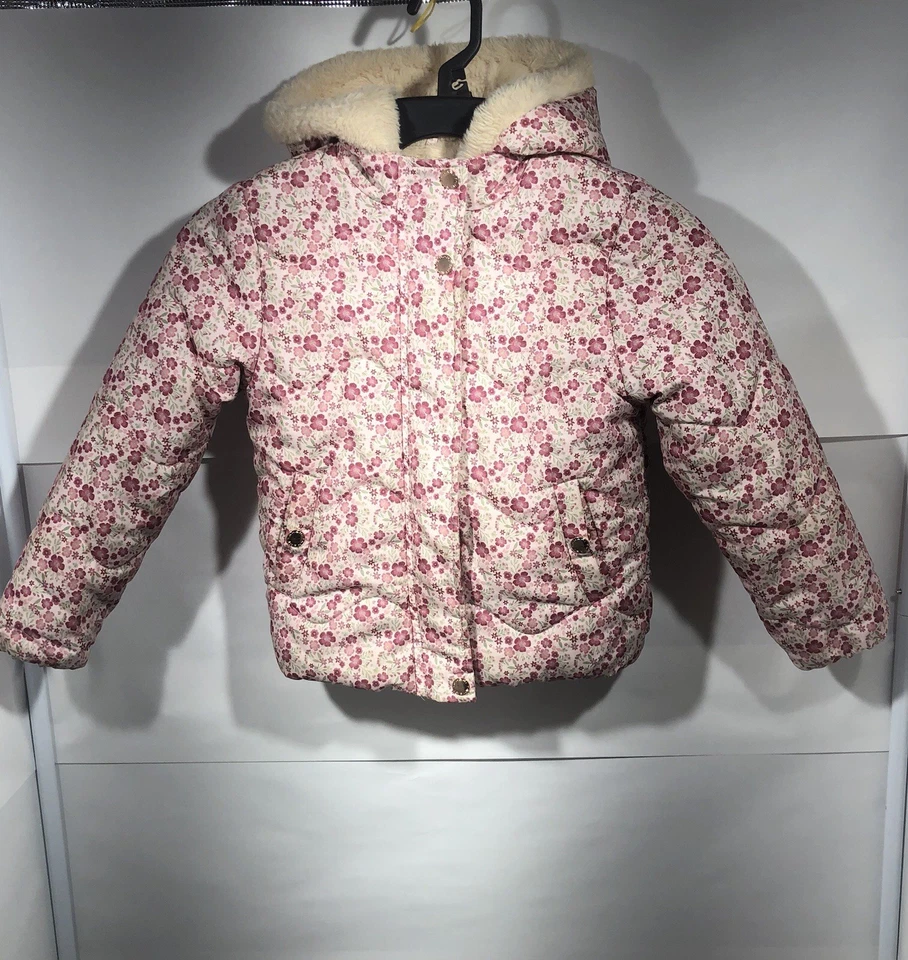 TAHARI Puffer Jacket Girls 5 Hooded Faux Fur Lined Floral Pink Beige Outdoors - Image 1 of 4