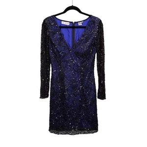 Scala Evening Dress 10 Blue Sheath Mini Sequined Beaded V Neck Cocktail Party - Picture 1 of 12