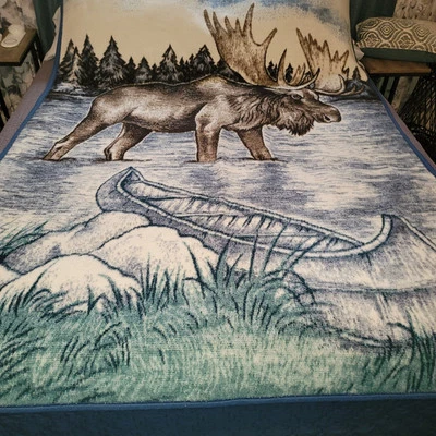 Vintage Biederlack Blanket Moose Canoe Twin Size 52"x79" Blue Cabin Hunting EUC  - Image 1 of 4