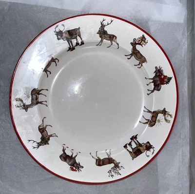 Обеденная тарелка Pottery Barn с красным ободком Silly Stag рождественские олени праздничные 11 дюймов - Изображение 1 из 4