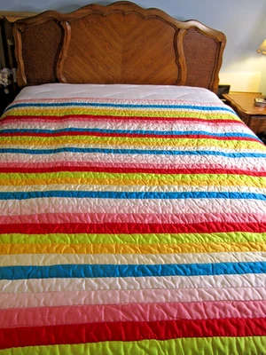 复古缎面多色条纹手工被子全/大号尺寸已磨损装饰见图片 — 第 1/4 张图片