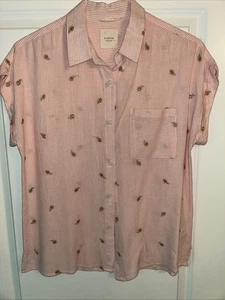 Harper Heritage Women’s Linen Blend Pink Stripe Embroidered Flower Blouse Medium - Picture 1 of 7