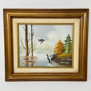 Vintage Signed Oil Painting Ducks at Lakeside - Picture 1 of 10
