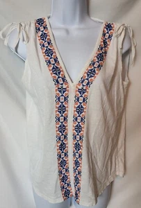 Sundance Sz S Cari Top White V Neck Embroidered Ruched Shoulder Cotton EUC - Picture 1 of 6