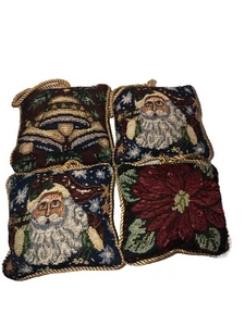 Vtg 4 Needlepoint Mini Pillow Door Knob Hangers 5”x 5” Santa Bells Poinsettia  - Picture 1 of 7