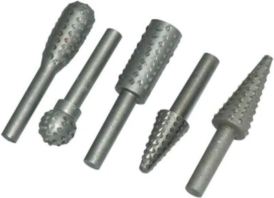 5pc Rotary Burr Rasp Set, 6mm Shank, Carbon Steel, Ball Oval Cones & Cylinder - Image 1 of 2