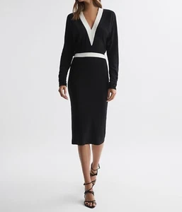 Reiss Womens Jodie Knitted Colorblock Midi Dress Black White Long Sleeves size L - Picture 1 of 16