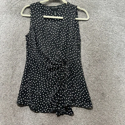 White House Black Market Blouse Tank Top Women 4 Black Silk Polka Dot V Neck - Image 1 of 4