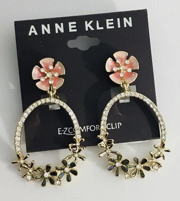 Earrings Gold Tone Hoop Flower’s Clip 1.5"ANNE KLEIN New - Image 1 of 4