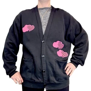 Vtg 80s 90s Heart Valentines Black Cardigan Sweatshirt Up To Large Granny Core - Picture 1 of 9