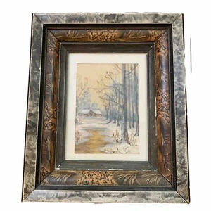 Cabaña de acuarela vintage en nieve invierno día arroyo río árboles antiguos roble - Imagen 1 de 7