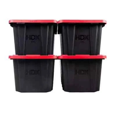 27 Gal. Tough Storage Tote in Black with Yellow Lid and with red lid 4-Pack - Image 1 of 4