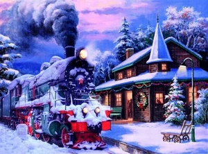 Lona multicolor 4 luces LED tren de Navidad pintura 17,13"" x 17,13"" decoración de pared - Imagen 1 de 7