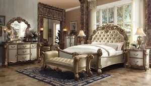ON SALE - Traditional Queen King Bedroom Set in Gold & Cream Leatherette IAAA - Picture 1 of 4