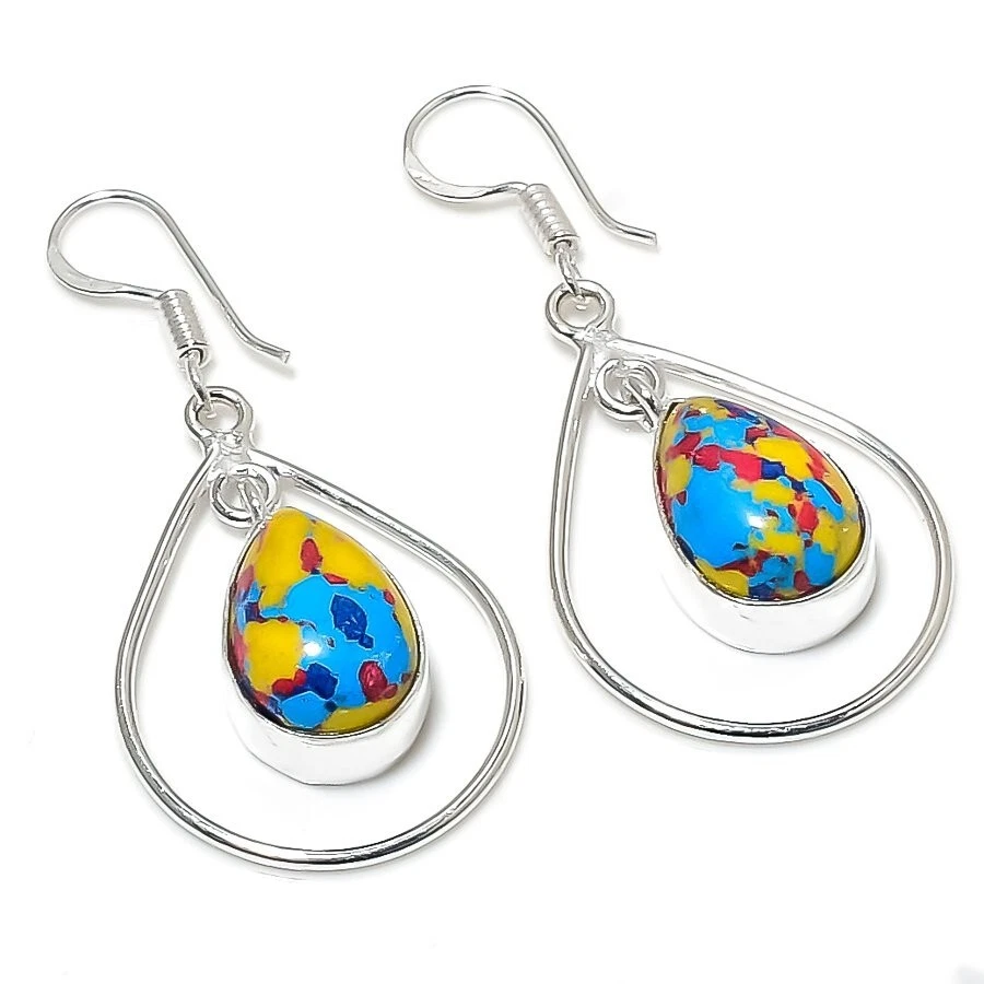 Mosaic Jasper Gemstone Handmade 925 Sterling Silver Jewelry Earring Size 1.9" - Image 1 of 1