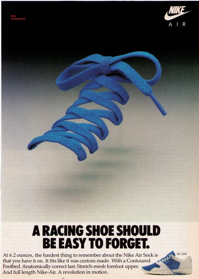 Classic 1987 Nike "Air Sock" Racing Shoe Vintage Reproduction Print Ad. - Image 1 of 1