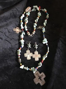 Turquoise Irregular Beaded Necklace 32” W/Silver Toned Crosses Matching Earrings - Picture 1 of 5