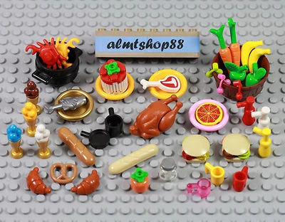 LEGO - 43 pcs Lot Minifigure Food Picnic BBQ Bread Hamburger Turkey Pizza Town  - Image 1 of 2