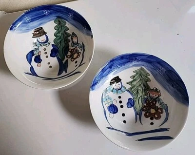 2x TABLETOPS UNLIMITED Winterland Christmas Salad Cereal Bowls Holiday Snowman - Image 1 of 4