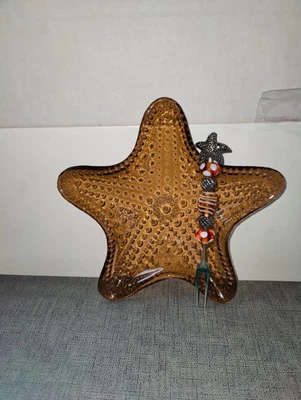 Vintage Amber Mudpie Glass Art Starfish Dish Pebbled Brown/Beaded Cheese Fork - Image 1 of 4