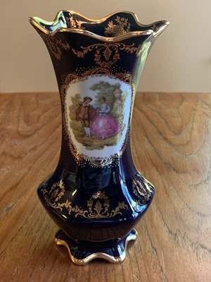 Vintage Limoges Cobalt Blue And 22k Gold Vase Hand-Painted Fragonard scene 8” - Image 1 of 4