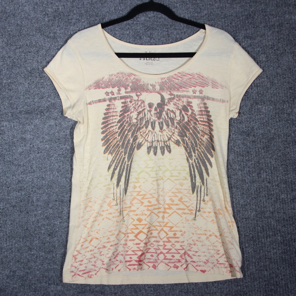 Camiseta Y2K Mudd Para Mujer Grande Crema Grunge Calavera Alas Gótica Manga Corta Foto 1 de 4
