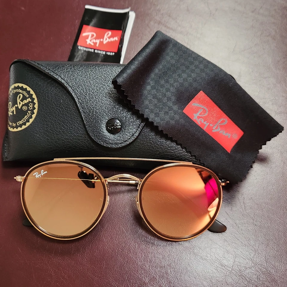 雷朋 RB3647N 男女通用圆形 Dbl 桥金色/镜面棕色/粉色,状况完好 — 第 1/4 张图片