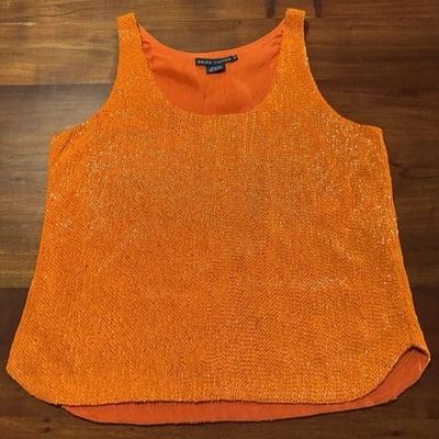 Blusa Ralph Lauren Mujer Naranja Seda Cuentas Sin Mangas Peso Pesado Talla 12 Foto 1 de 4