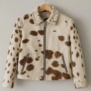 Women Genuine Cowhide Hair On Leather Jacket, Natural Cow Skin Casual Outerwear - Picture 1 of 3