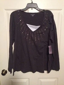 NWT Laura Scott Plus Size 1X Grey W/ Bling White Insert Long Sleeve Lightweight - Picture 1 of 4