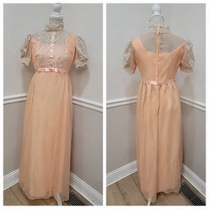 VTG 70's  Apricot Chiffon/Prairie Style Cocktail Maxi Dress/Bridgerton Style - Picture 1 of 11