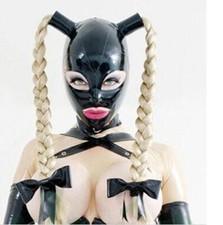 Latex Hood with Pigtails Rubber Fetish Two Braid Wigs Latex Headgear