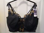 CACIQUE BLACK/GOLD EMBROIDERED LINED LONGLINE FRENCH BALCONETTE BRA SIZE 46H