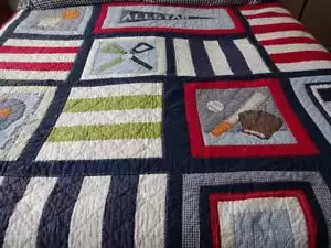 POTTERY BARN KIDS Patchwork ALL STARS SPORTS Soccer Baseball FULL QUEEN QUILT - Picture 1 of 12