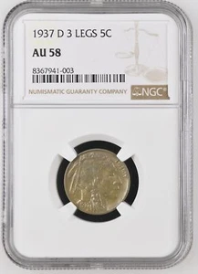 1937 D 3 Legged Buffalo Nickel NGC AU-58 - Picture 1 of 2